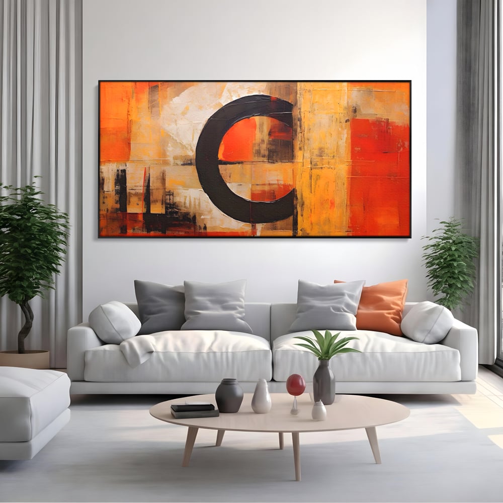 Tablou canvas cu pictura abstracta cu cerc negru, in rama de aluminiu negru, pe perete intr-un living
